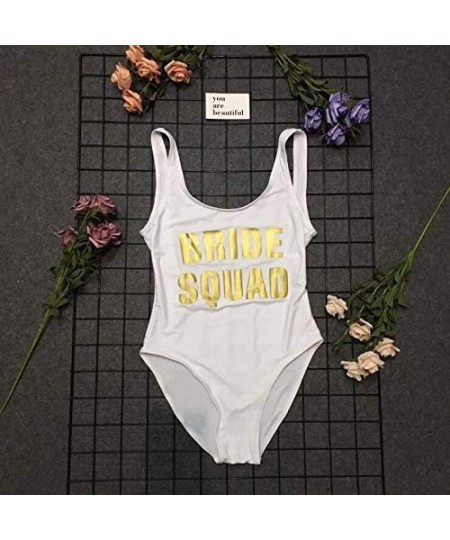 One-Pieces Womens Sexy One Piece Fashion Bride Squad Letter Print High Cut and Low Back Monokini Swimsuit - White - C518MGEO8WE