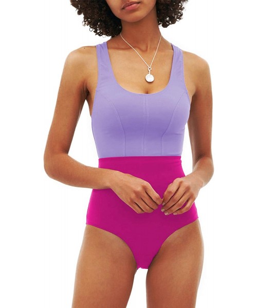 Racing Womens Athletic One Piece Swimsuits Racerback Padded Bathing Suit Sport Swimwear Color Block - Purple One Piece - CM19...