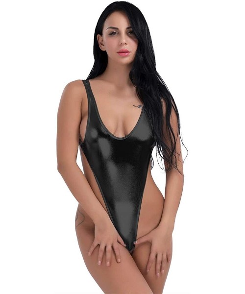 Racing Women's Shiny Metallic Bodysuit High Cut Backless Thong Leotard One Piece Swimsuit - Black - C7193QN6ERD