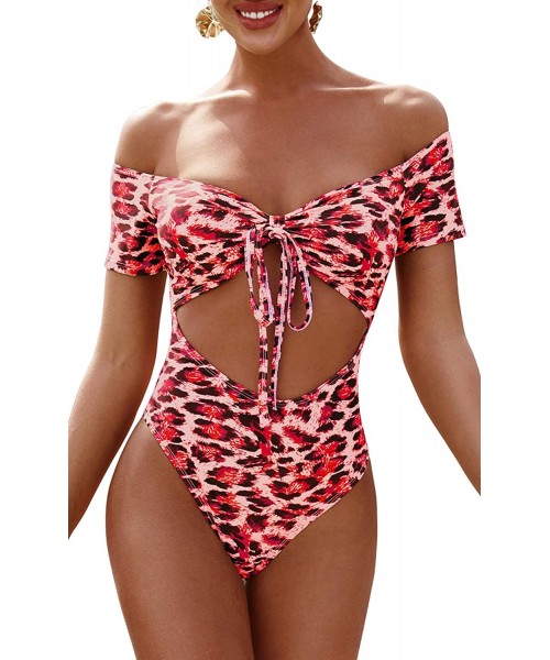 One-Pieces Sexy Off Shoulder Swimsuit Women Leopard Print Tie Knot One Piece High Cut Tummy Control Bathing Suit - Red - CW19...