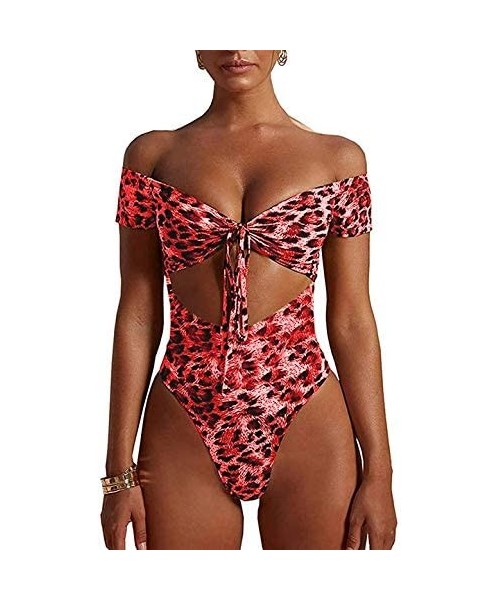 One-Pieces Sexy Off Shoulder Swimsuit Women Leopard Print Tie Knot One Piece High Cut Tummy Control Bathing Suit - Red - CW19...