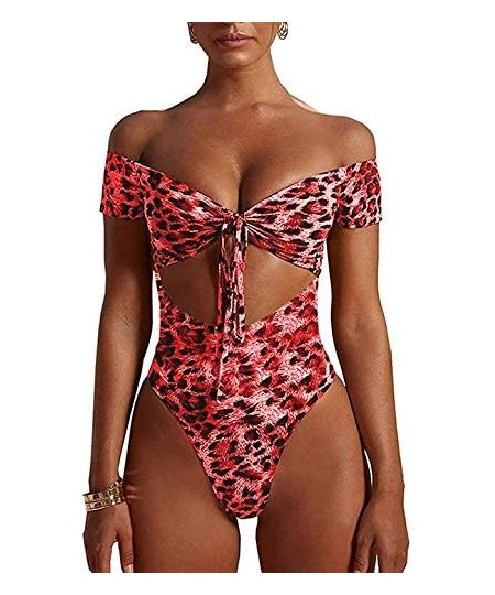 One-Pieces Sexy Off Shoulder Swimsuit Women Leopard Print Tie Knot One Piece High Cut Tummy Control Bathing Suit - Red - CW19...