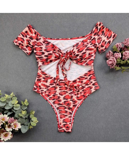 One-Pieces Sexy Off Shoulder Swimsuit Women Leopard Print Tie Knot One Piece High Cut Tummy Control Bathing Suit - Red - CW19...