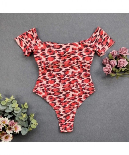 One-Pieces Sexy Off Shoulder Swimsuit Women Leopard Print Tie Knot One Piece High Cut Tummy Control Bathing Suit - Red - CW19...