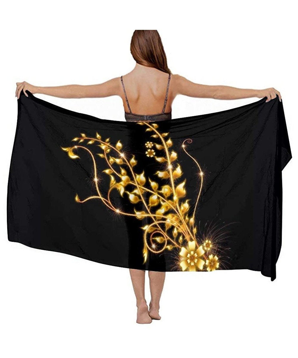 Cover-Ups Women Girls Fashion Chiffon Beach Bikini Cover Up Sunscreen Wrap Scarves - Gold and Black Marble Flower Pattern - C...