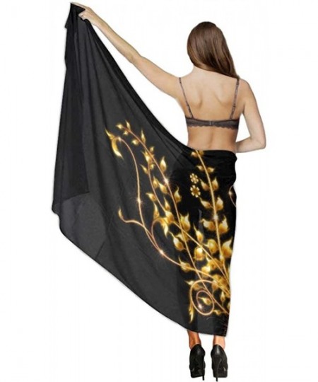 Cover-Ups Women Girls Fashion Chiffon Beach Bikini Cover Up Sunscreen Wrap Scarves - Gold and Black Marble Flower Pattern - C...