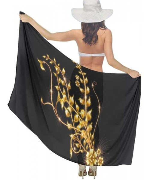 Cover-Ups Women Girls Fashion Chiffon Beach Bikini Cover Up Sunscreen Wrap Scarves - Gold and Black Marble Flower Pattern - C...