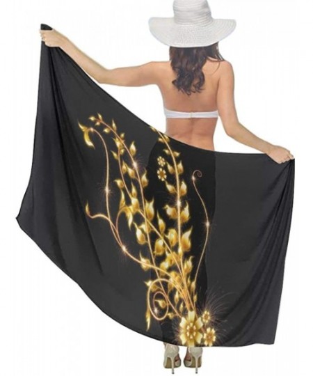 Cover-Ups Women Girls Fashion Chiffon Beach Bikini Cover Up Sunscreen Wrap Scarves - Gold and Black Marble Flower Pattern - C...