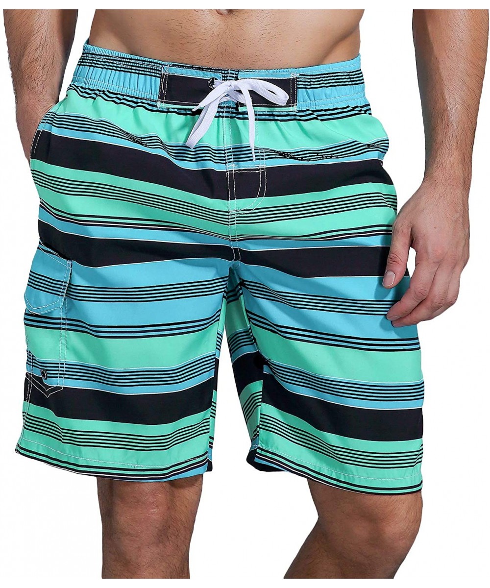 Board Shorts Men's Board Shorts Swimwear Striped Swim Shorts Swimming Trunks with Mesh Lining - Green - 07 - C818Q2EZLMU