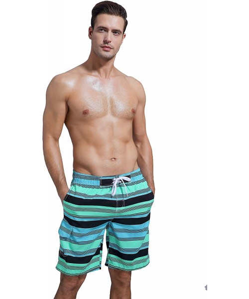 Board Shorts Men's Board Shorts Swimwear Striped Swim Shorts Swimming Trunks with Mesh Lining - Green - 07 - C818Q2EZLMU