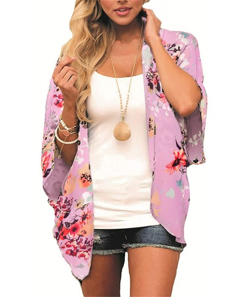 Cover-Ups Summer Floral Kimono Cardigan for Women Beach Cover Up Casual Blouse Tops - 07pink - C018T62UCXQ