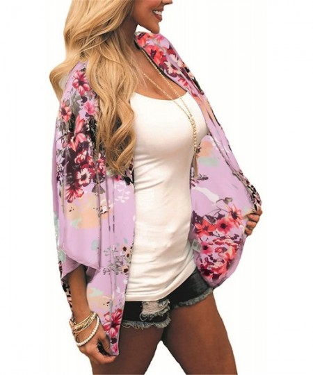 Cover-Ups Summer Floral Kimono Cardigan for Women Beach Cover Up Casual Blouse Tops - 07pink - C018T62UCXQ