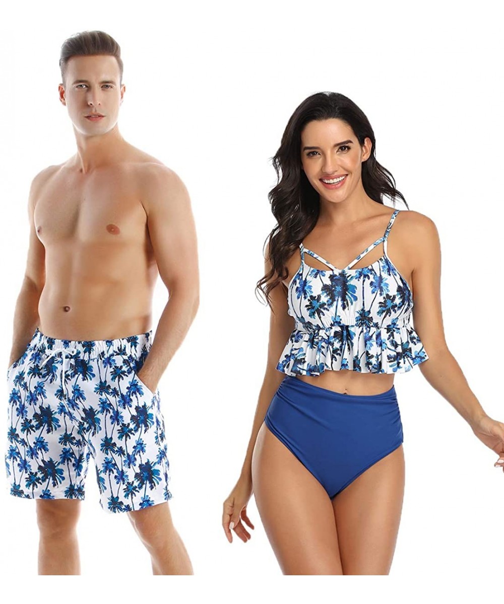 Sets Family Matching Swimsuits Mommy Daddy and Me Palm Printed Ruffle Swimwear Bathing Suits - Dad Blue - CB194L8I6Y2