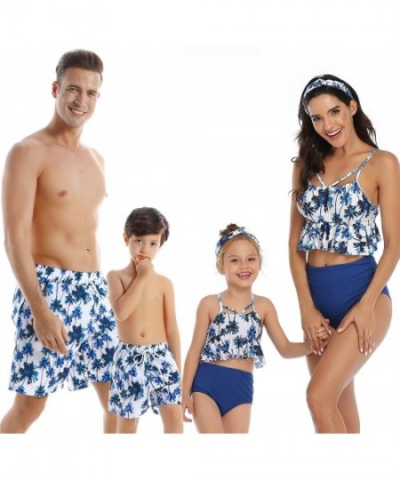 Sets Family Matching Swimsuits Mommy Daddy and Me Palm Printed Ruffle Swimwear Bathing Suits - Dad Blue - CB194L8I6Y2