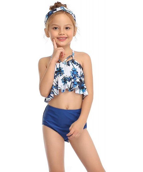 Sets Family Matching Swimsuits Mommy Daddy and Me Palm Printed Ruffle Swimwear Bathing Suits - Dad Blue - CB194L8I6Y2