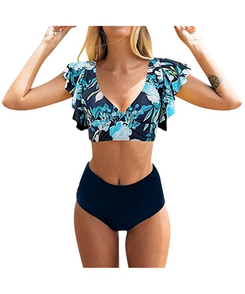 Cover-Ups Swimsuits for Women Tummy Control-Floral Ruffle Bikini Push Up Swimsuit High Waisted Bottom V Neck 2 Pieces Bathing...