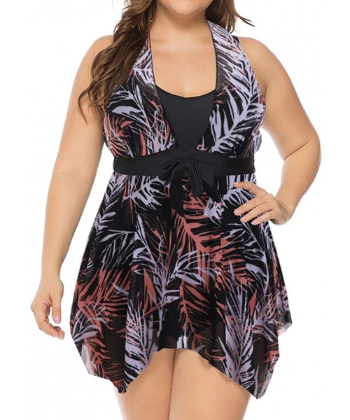 Sets Women's Plus Size Floral Swimdress High Waist Tankini Set V Neck Swimwear - Black Leaves Pattern - CL19C5TQ2LG