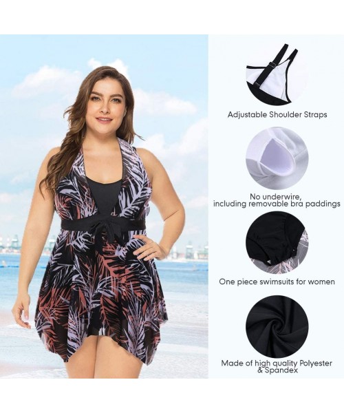 Sets Women's Plus Size Floral Swimdress High Waist Tankini Set V Neck Swimwear - Black Leaves Pattern - CL19C5TQ2LG