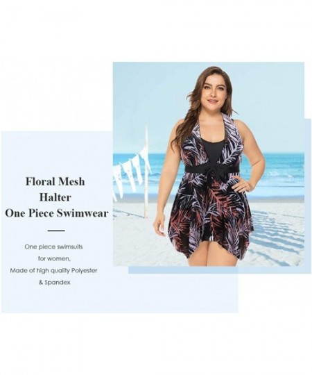 Sets Women's Plus Size Floral Swimdress High Waist Tankini Set V Neck Swimwear - Black Leaves Pattern - CL19C5TQ2LG