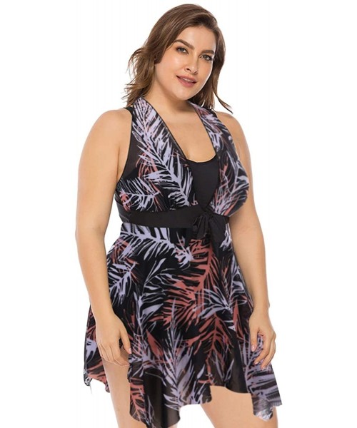 Sets Women's Plus Size Floral Swimdress High Waist Tankini Set V Neck Swimwear - Black Leaves Pattern - CL19C5TQ2LG