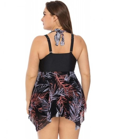 Sets Women's Plus Size Floral Swimdress High Waist Tankini Set V Neck Swimwear - Black Leaves Pattern - CL19C5TQ2LG