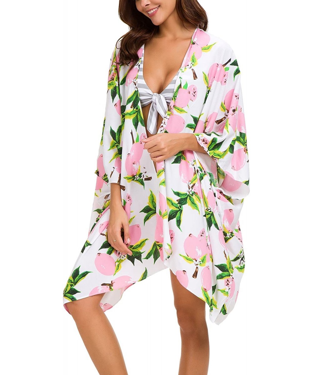 Cover-Ups Women's Floral Swimsuit Cover Up Kimono Cardigan Beachwear - Pink - CJ18ENEUTA3