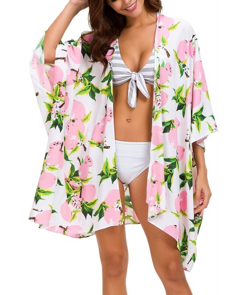 Cover-Ups Women's Floral Swimsuit Cover Up Kimono Cardigan Beachwear - Pink - CJ18ENEUTA3