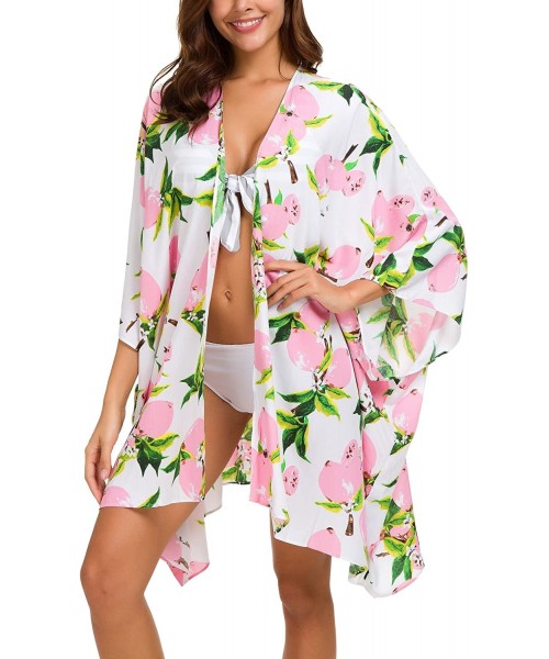 Cover-Ups Women's Floral Swimsuit Cover Up Kimono Cardigan Beachwear - Pink - CJ18ENEUTA3