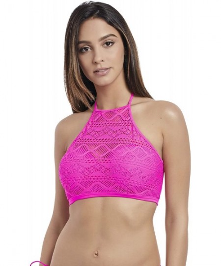 Tops Women's Sundance Underwire Padded Hi-Neck Crop Swim Top - Hot Pink - CN183LDRNH2