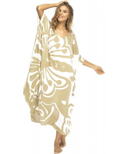 Cover-Ups Womens Swimsuit Cover Up Long Maxi Beach Kaftan Flowy Boho Loose Tunic Dress Rayon - Mocca Butterfly - CL12NZD582S