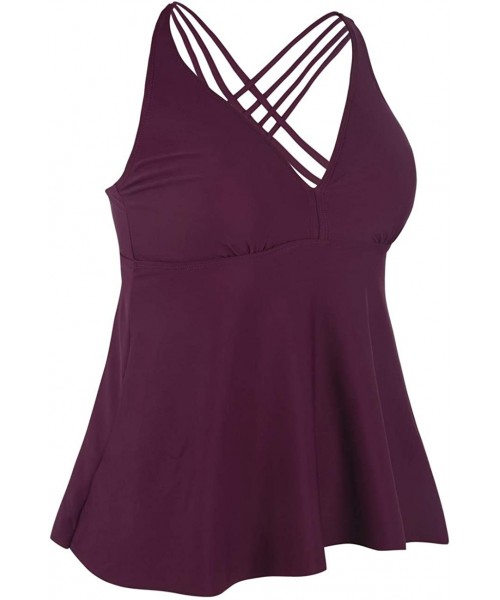 Tops Women's Swimsuit Skirted Swim Tops Crisscross Back Tankini Swimwear - Wine Red - CN18NTD44I2