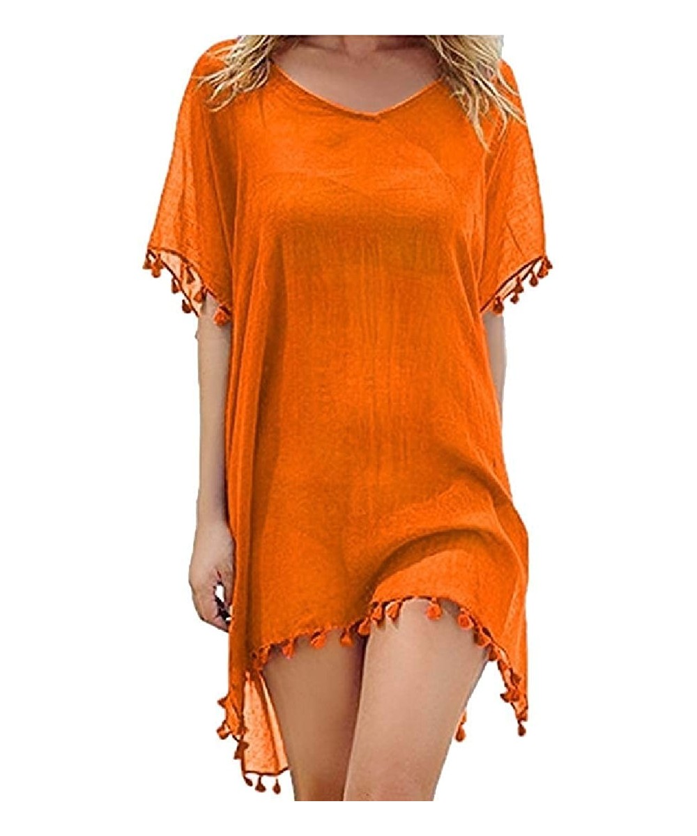 Cover-Ups Women's Swimsuits Beach Dress Mini Fringed Kaftan Chiffon Top Coverups - Orange - C2190LQDXHU