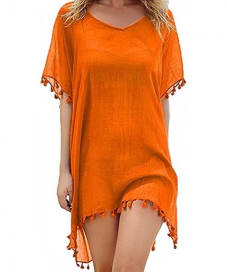 Cover-Ups Women's Swimsuits Beach Dress Mini Fringed Kaftan Chiffon Top Coverups - Orange - C2190LQDXHU