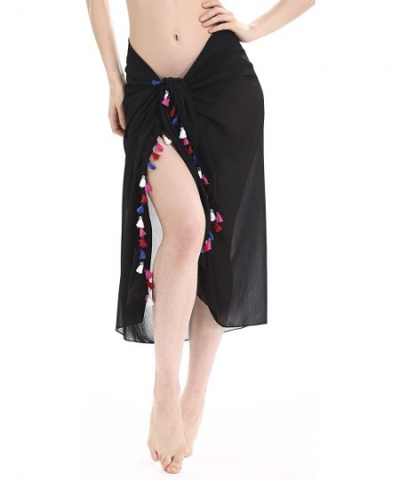 Cover-Ups Women's Sheer Tassel Sarong Beach Pareo Swimsuit Wrap - Black - CT17Z6H229O