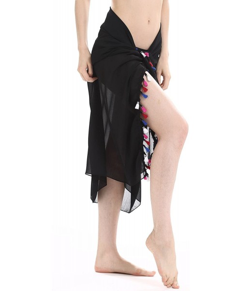 Cover-Ups Women's Sheer Tassel Sarong Beach Pareo Swimsuit Wrap - Black - CT17Z6H229O