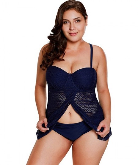 Sets 2 PC Lace Spaghetti Strap Underwire Padded Tankini Top and Low Waist Bikini Bottom Swimsuit Set - Blue - CT1890USZ4A