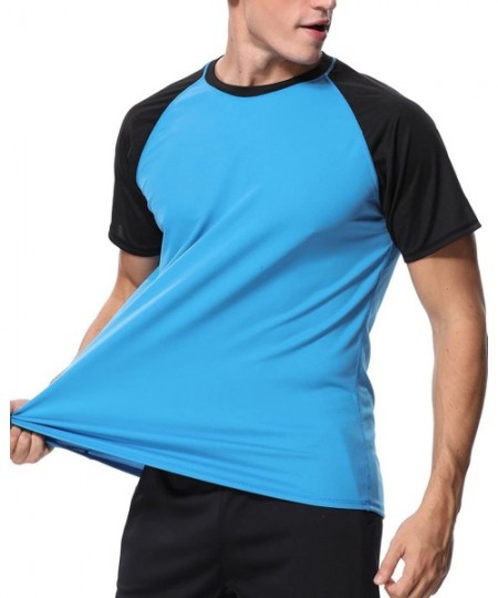 Rash Guards Men's Short Sleeve Rash Guard Loose Fit Swim Shirts UPF 50 Rashguard - Blue/Black Sleeve - CX18CODK2Y5