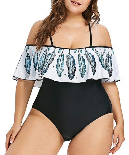 One-Pieces Plus Size Womens One Piece Monokini Feather Print Ruffles Swimwear Padded Tummy Control Swimsuit - Blue - C118TAI7564