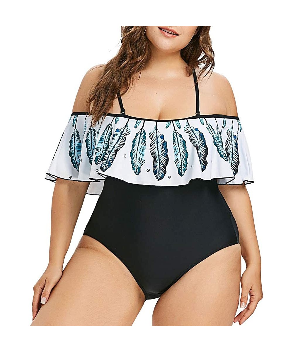 One-Pieces Plus Size Womens One Piece Monokini Feather Print Ruffles Swimwear Padded Tummy Control Swimsuit - Blue - C118TAI7564