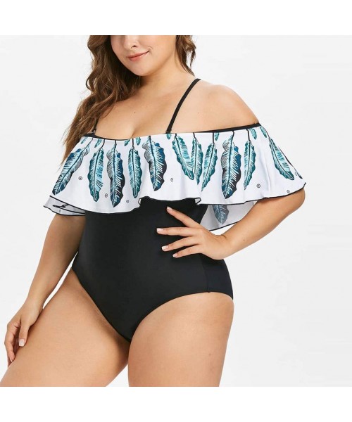 One-Pieces Plus Size Womens One Piece Monokini Feather Print Ruffles Swimwear Padded Tummy Control Swimsuit - Blue - C118TAI7564