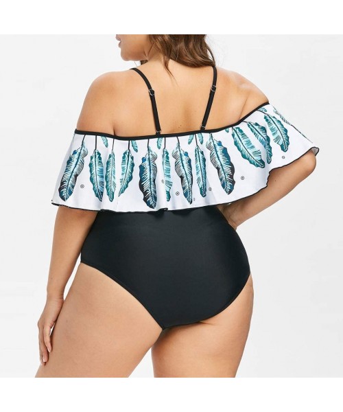 One-Pieces Plus Size Womens One Piece Monokini Feather Print Ruffles Swimwear Padded Tummy Control Swimsuit - Blue - C118TAI7564