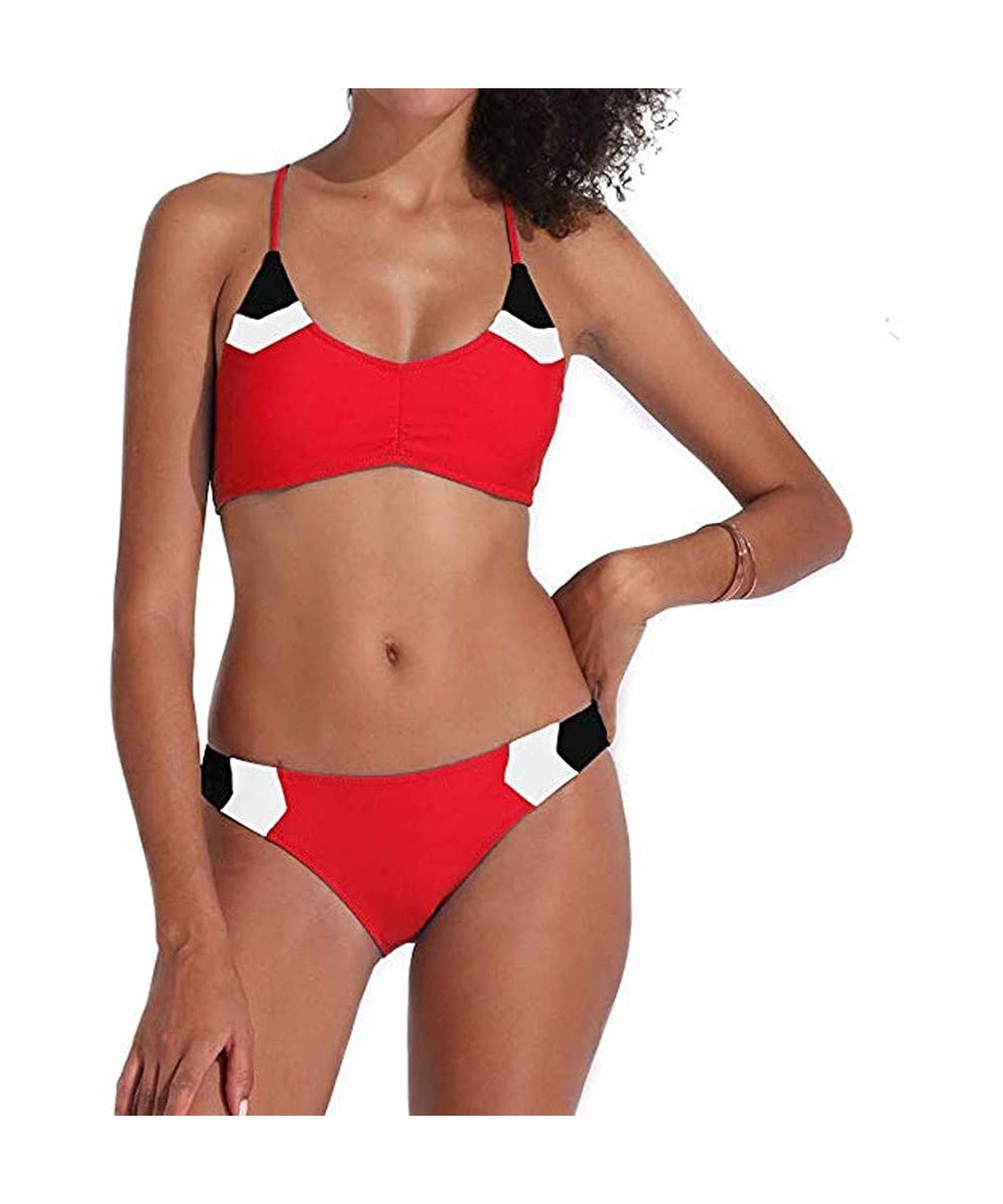 Sets Women's Color Block String Swimsuit Two Pieces Bikini Set V Neck Bathing Suit - Red - C7196YU56KK