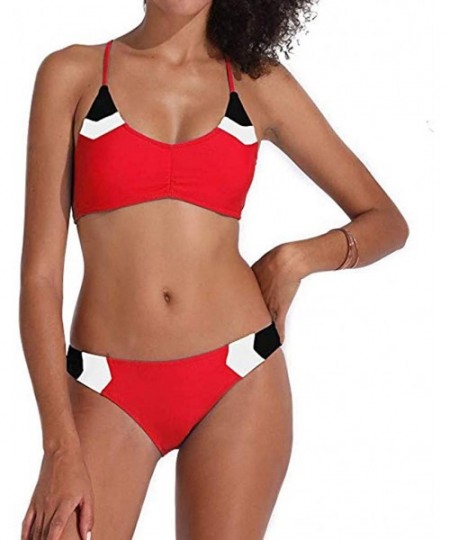 Sets Women's Color Block String Swimsuit Two Pieces Bikini Set V Neck Bathing Suit - Red - C7196YU56KK