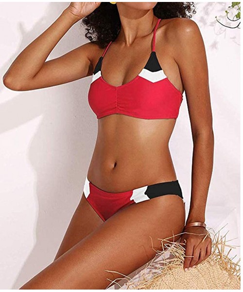 Sets Women's Color Block String Swimsuit Two Pieces Bikini Set V Neck Bathing Suit - Red - C7196YU56KK