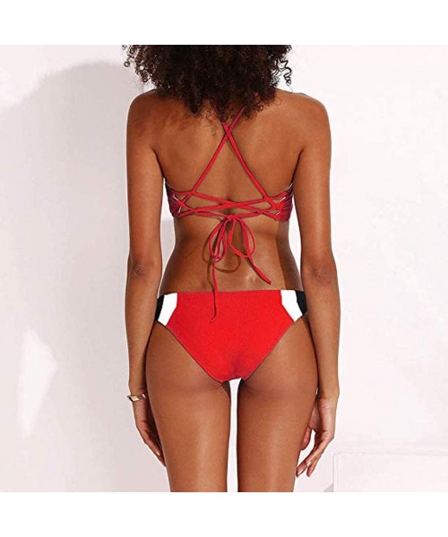 Sets Women's Color Block String Swimsuit Two Pieces Bikini Set V Neck Bathing Suit - Red - C7196YU56KK