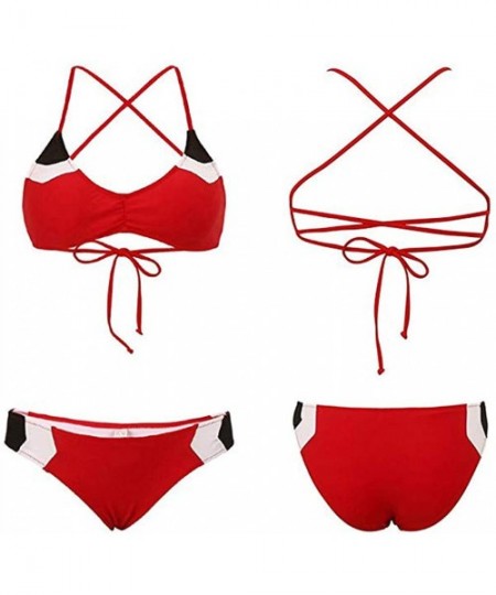 Sets Women's Color Block String Swimsuit Two Pieces Bikini Set V Neck Bathing Suit - Red - C7196YU56KK