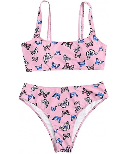 Sets Women Butterfly Print High Waist Two Pieces Bikini Swimwear Swimsuit Beachwear for Ladies - Pink - CB19C9HWHZD