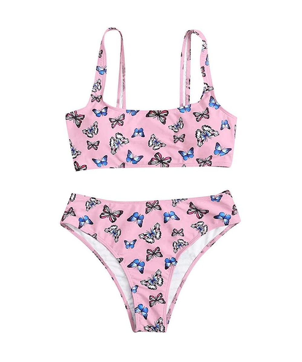 Sets Women Butterfly Print High Waist Two Pieces Bikini Swimwear Swimsuit Beachwear for Ladies - Pink - CB19C9HWHZD