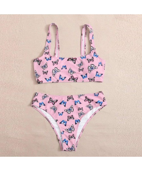 Sets Women Butterfly Print High Waist Two Pieces Bikini Swimwear Swimsuit Beachwear for Ladies - Pink - CB19C9HWHZD