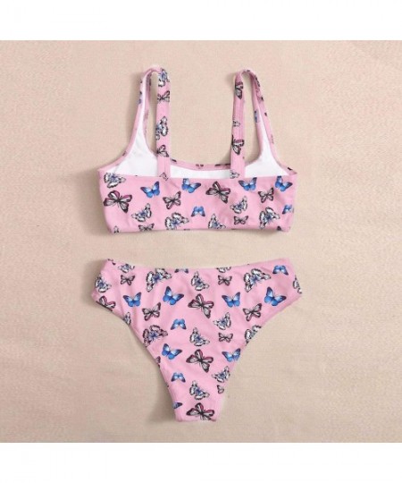 Sets Women Butterfly Print High Waist Two Pieces Bikini Swimwear Swimsuit Beachwear for Ladies - Pink - CB19C9HWHZD